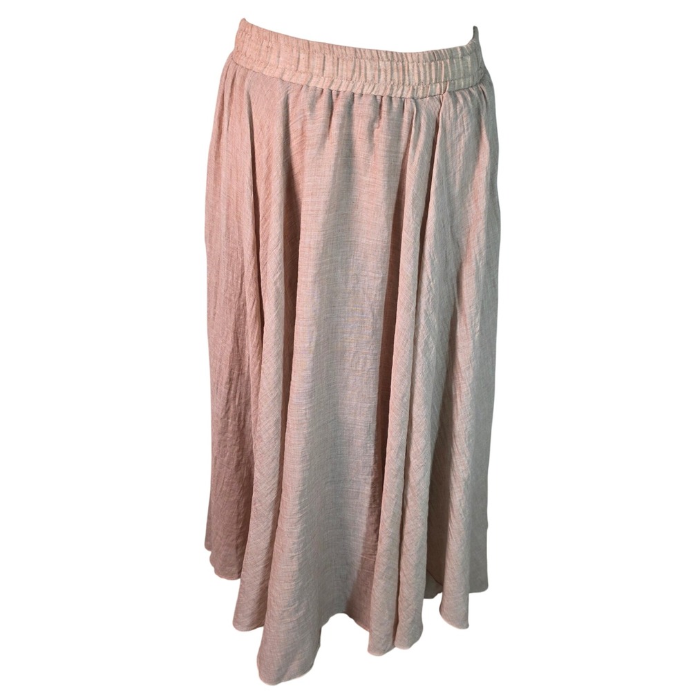 OCHENTA Tan Cotton Gauze Midi Skirt Elastic Waist Boho A-Line Beige Women Size S